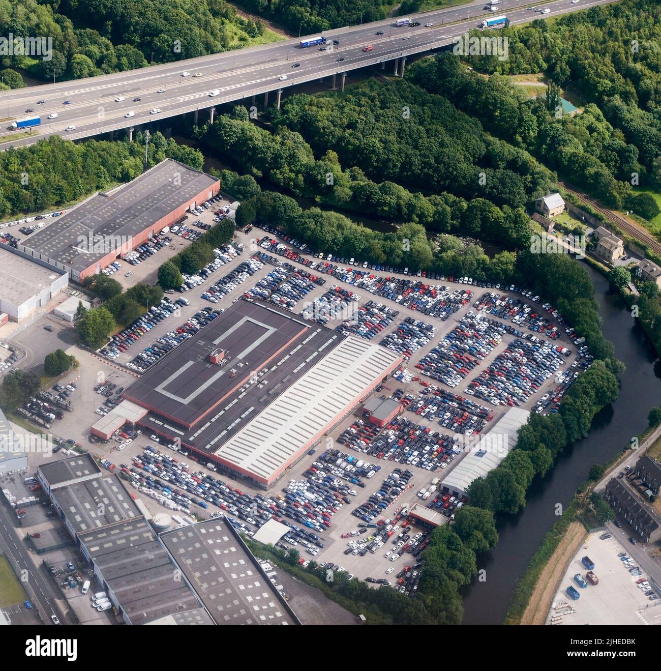 Vista aérea de British Car Auctions, Brighouse, West Yorkshire, norte de Inglaterra Foto de stock