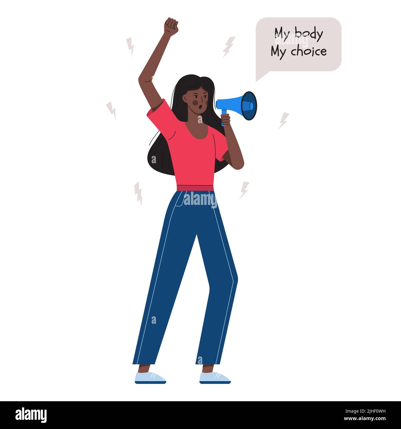 Una joven de piel oscura sostiene un megáfono en sus manos. Una burbuja de discurso con palabras Mi cuerpo es mi elección. La lucha de las mujeres por el derecho al aborto. Protesta Ilustración del Vector