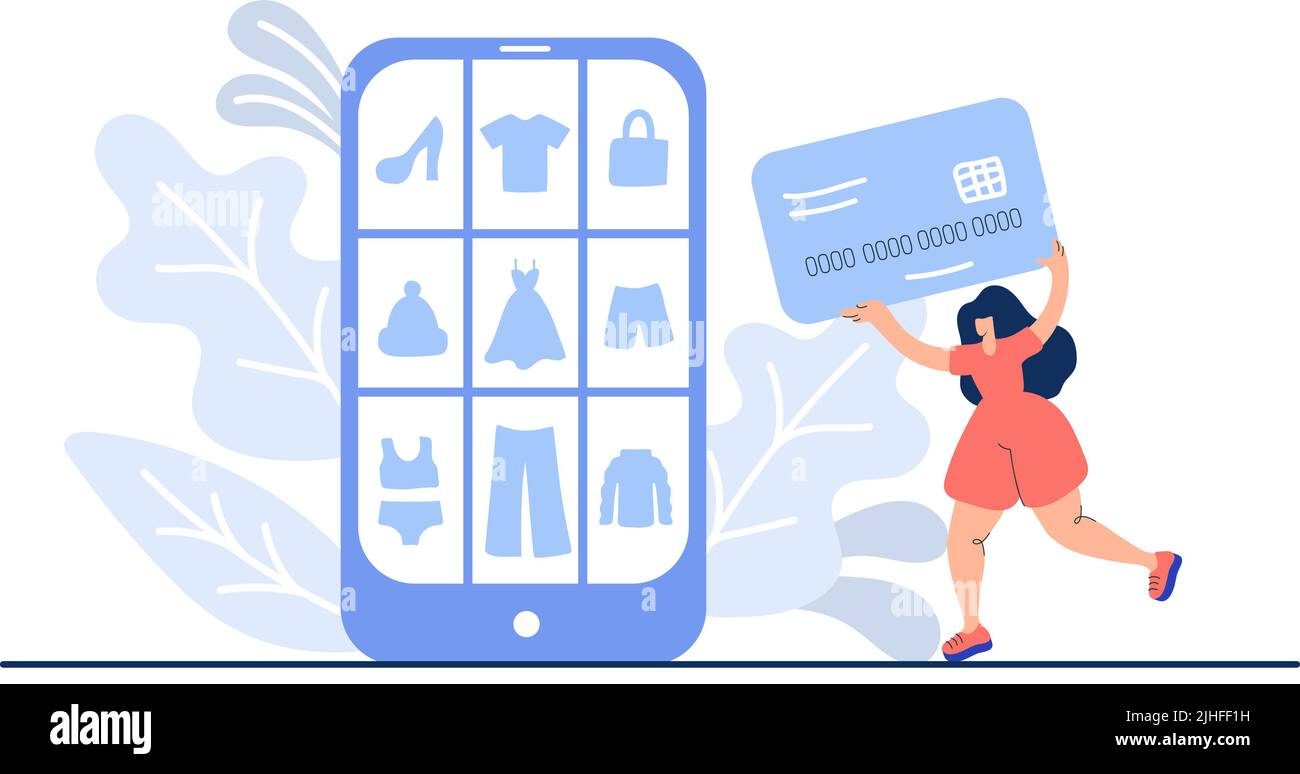 Compras en línea. Vector mano dibujado mujer con la tarjeta bancaria funciona para comprar mercancías. El catálogo de productos por teléfono en la página del navegador web. Cajas de compra Ilustración del Vector