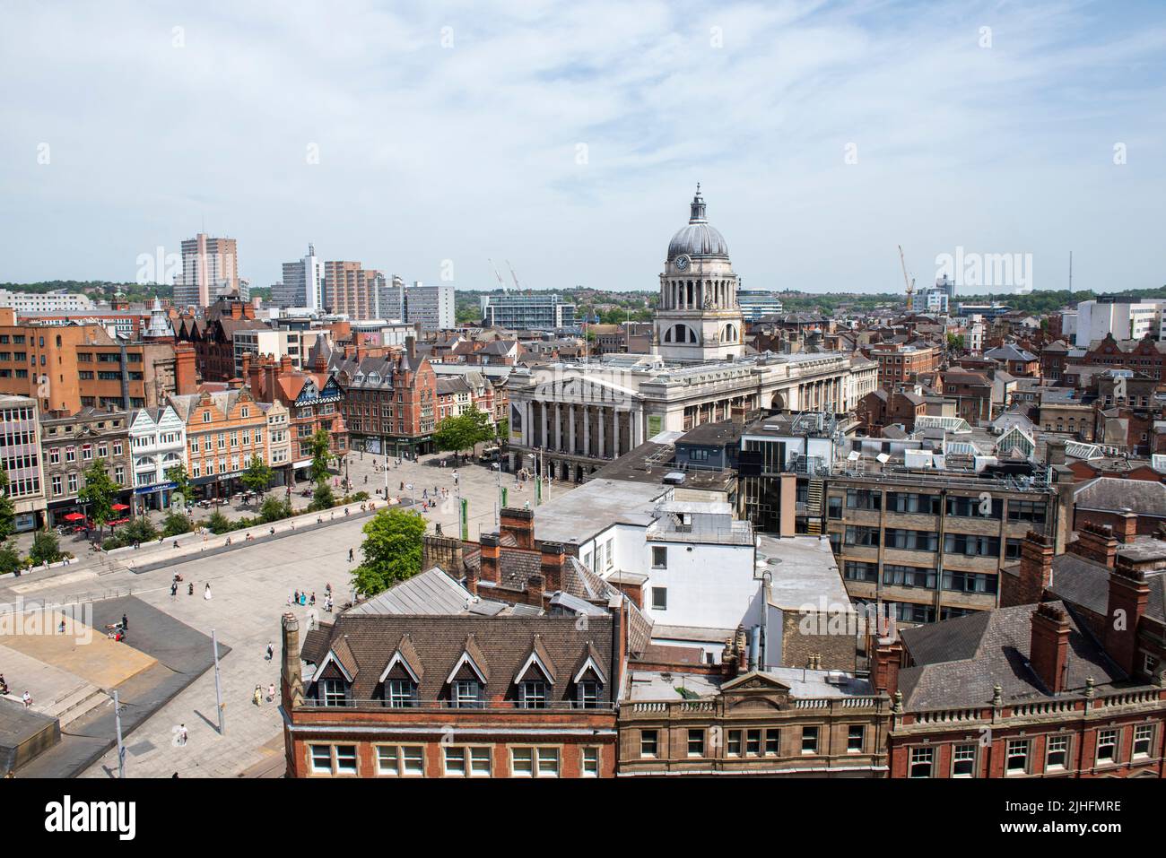 Vista aérea de Market Square desde la azotea del edificio Pearl Assurance en Nottingham City, Nottinghamshire, Inglaterra, Reino Unido Foto de stock