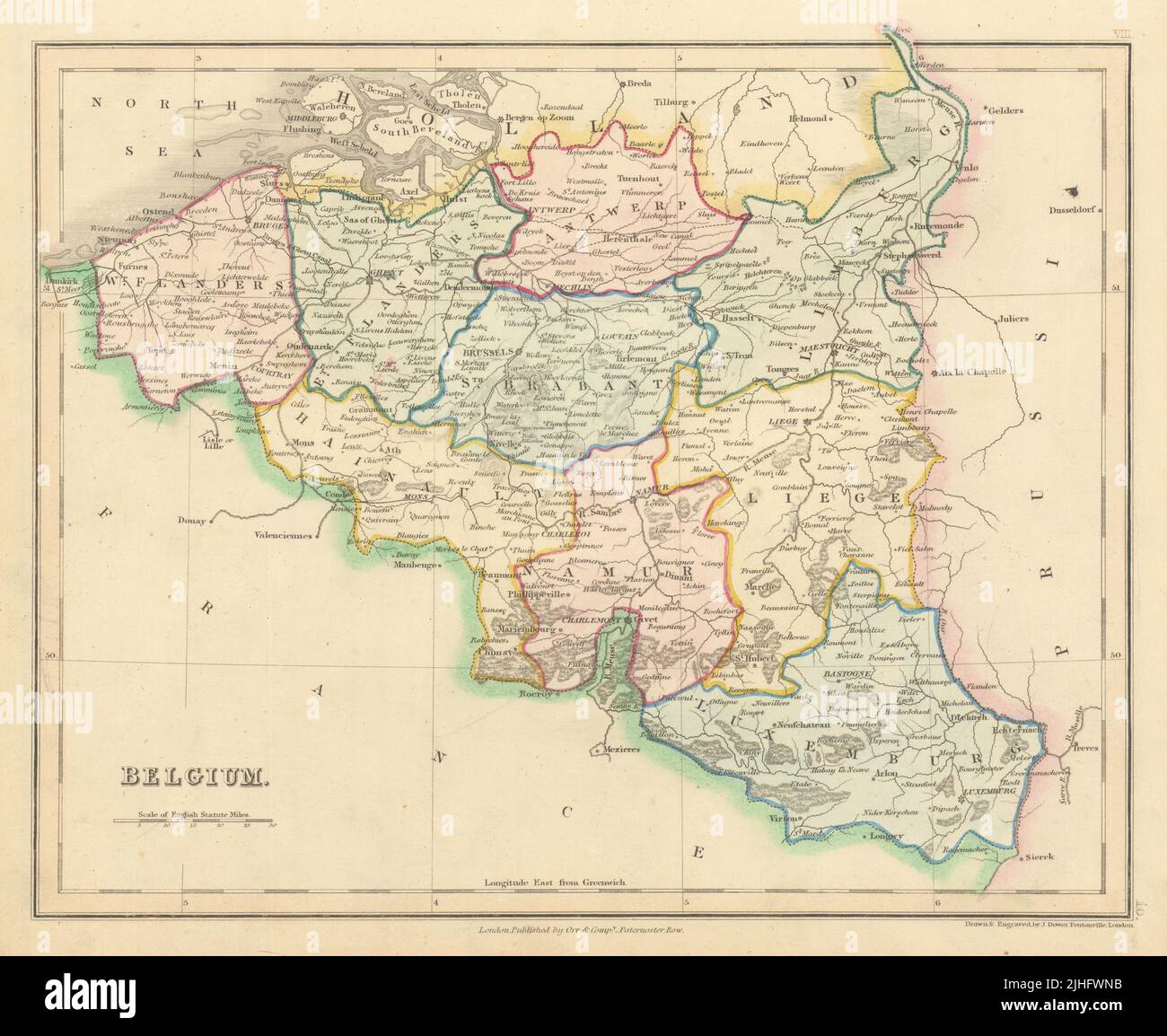 Bélgica en las provincias por John Dower. Incluye el mapa de Limburg holandés 1845 antiguo Foto de stock