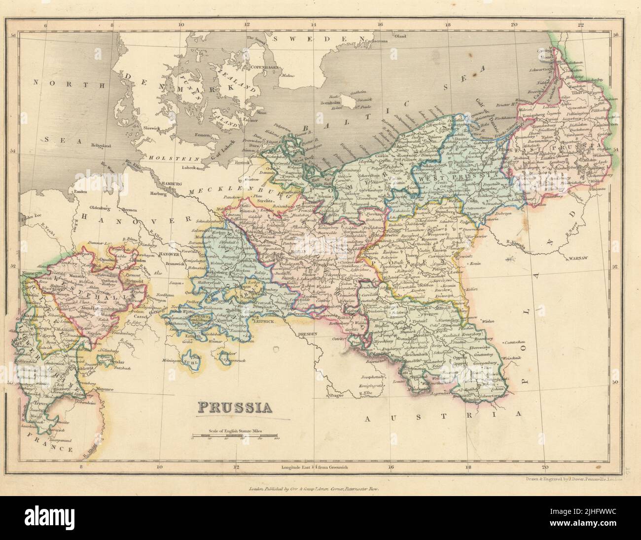Prusia por John Dower. Alemania Polonia Pomerania Brandenburg Westfalia 1845 mapa Foto de stock