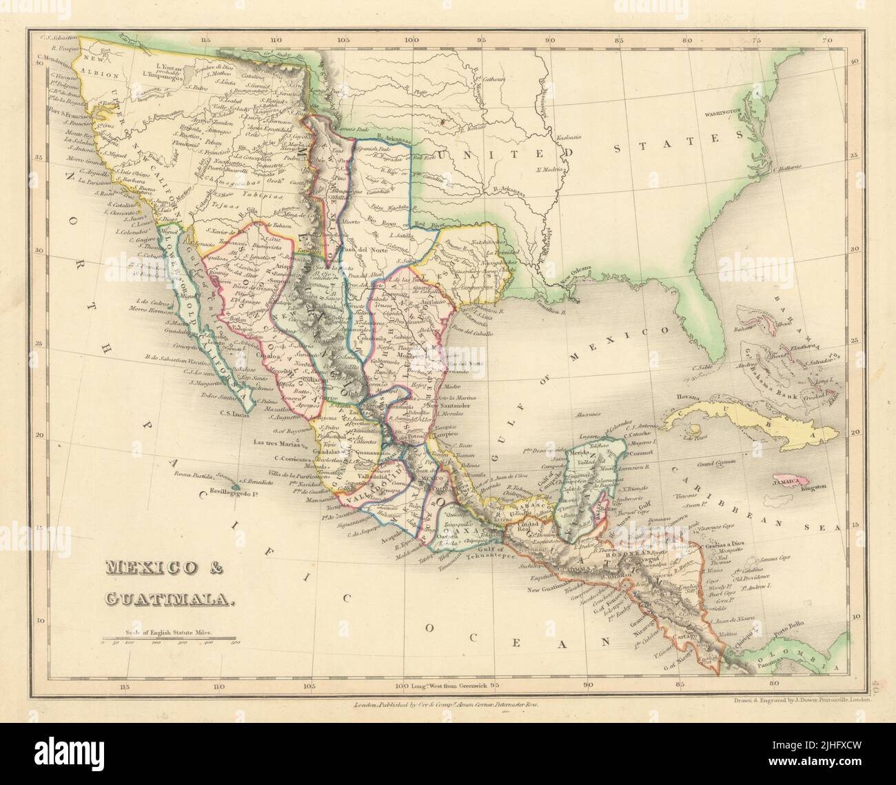 México y Guatimala por John Dower. México incluye mapa de California y Texas 1845 Foto de stock