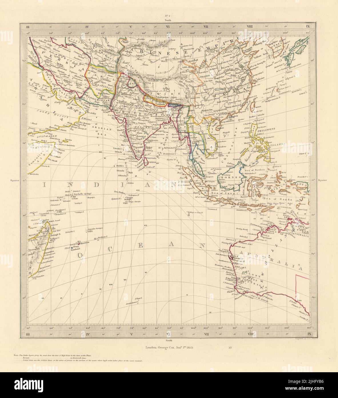 ASIA AUSTRALIA. En proyección Gnomónica. Océano Índico de China. Mapa antiguo de SDUK 1853 Foto de stock