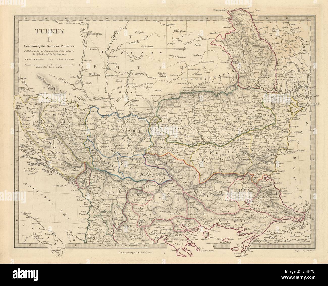 BALCANES. Provincias otomanas del norte. Valaquia Bulgaria Albania. Mapa SDUK 1853 Foto de stock