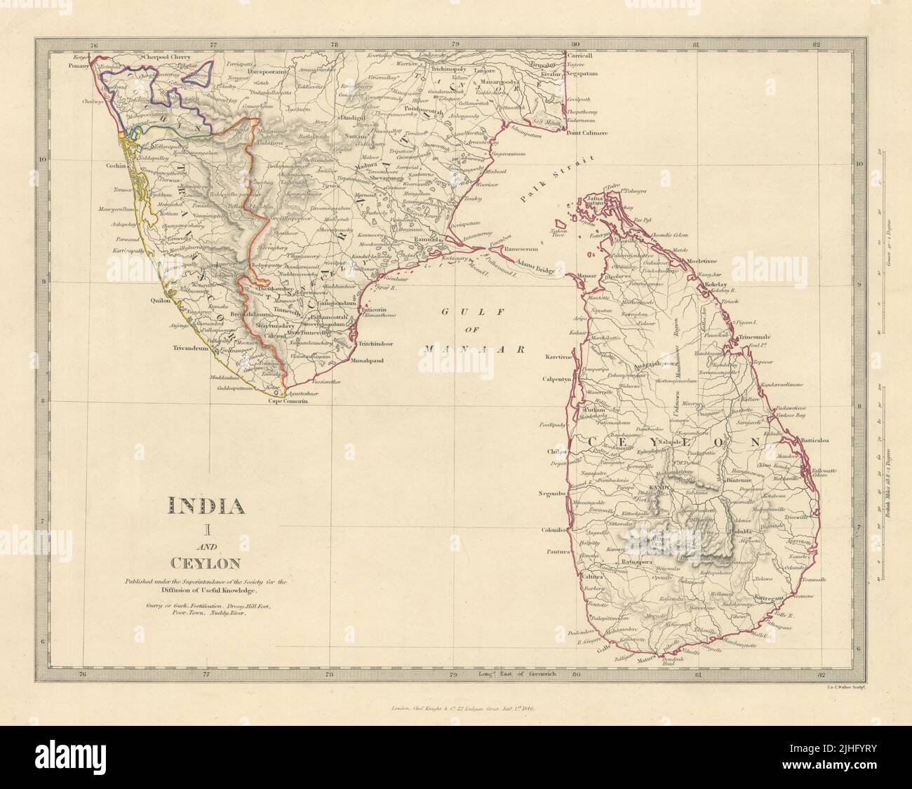 INDIA I. SUR Y CEYLON. Sri Lanka Carnatic Travancore Kochi. Mapa SDUK 1851 Foto de stock