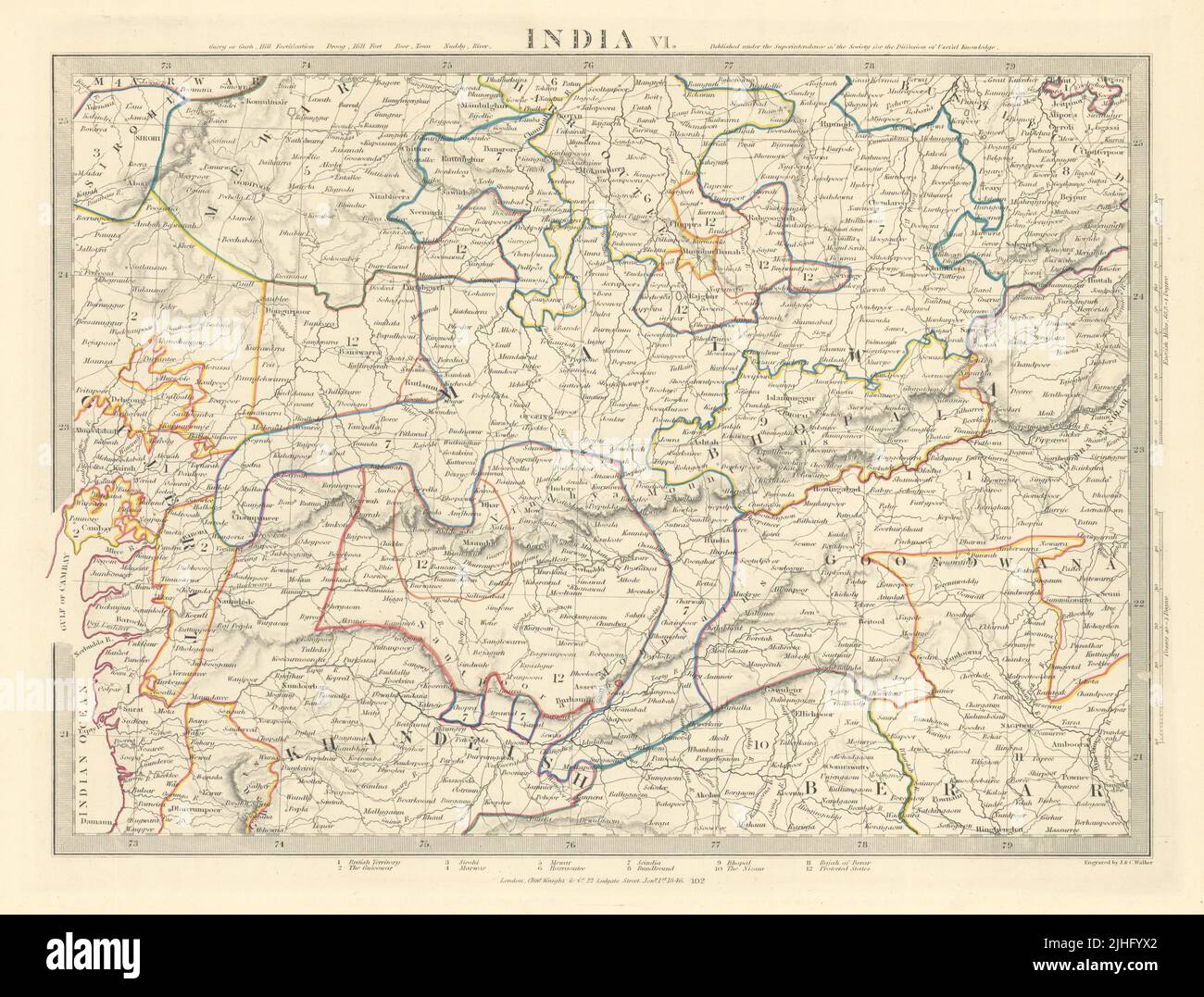 INDIA VI. Berar Bundelkhand-Khandeish. Gujerat. Goondwana Bhopal. Mapa SDUK 1851 Foto de stock