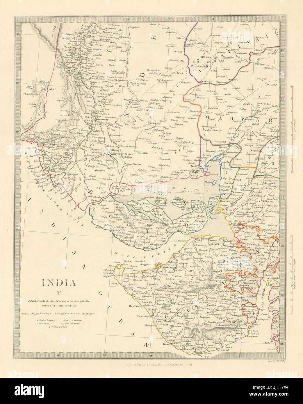 INDIA V. Sinde-Gujerat. Marwar Cutch Jaisalmer. SDUK 1851 antiguo mapa antiguo Foto de stock