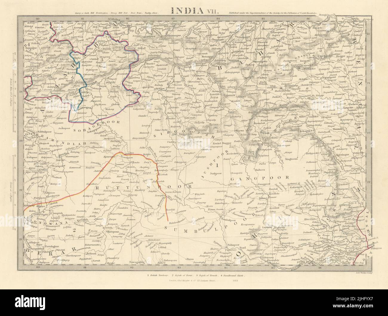 INDIA VII. Allahabad-Bahía de Bengala. Bahar Berar Orissa Ruttunpoor. Mapa SDUK 1851 Foto de stock