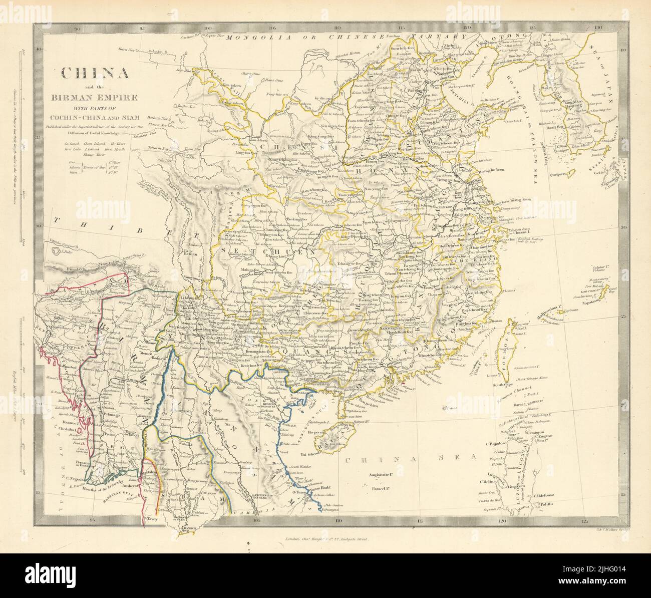 CHINA Y BIRMAN EMPIRE. Birmania Cochinchina Siam Tailandia Corea. Mapa SDUK 1851 Foto de stock