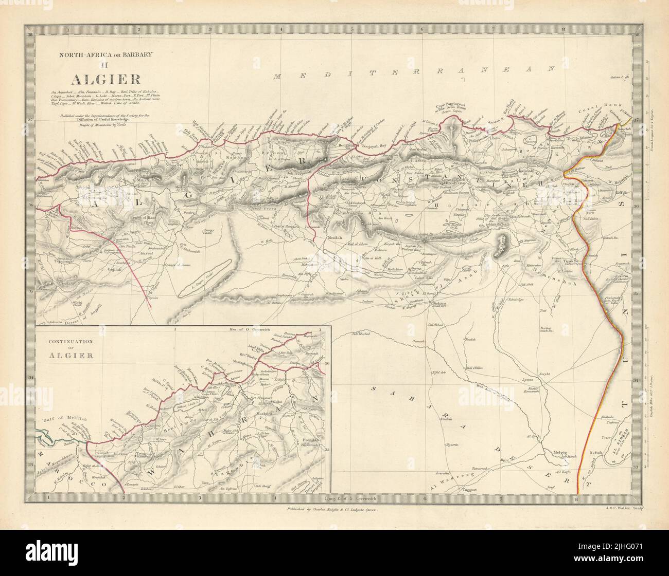 ÁFRICA DEL NORTE O BARBARY II. ALGIER. Argelia Argel. SDUK 1851 antiguo mapa antiguo Foto de stock