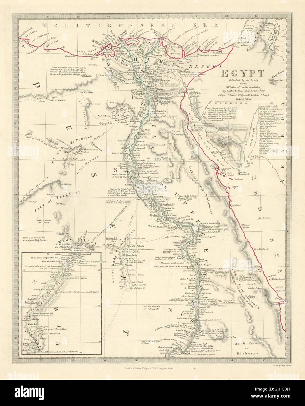 EGIPTO. Valle del Nilo. Sitios antiguos. Color de contorno original. Mapa antiguo de SDUK 1851 Foto de stock