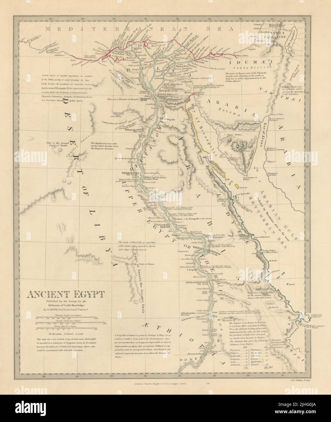 ANTIGUO EGIPTO. Valle del Nilo Nombres antiguos y sitios. Color original. Mapa SDUK 1851 Foto de stock