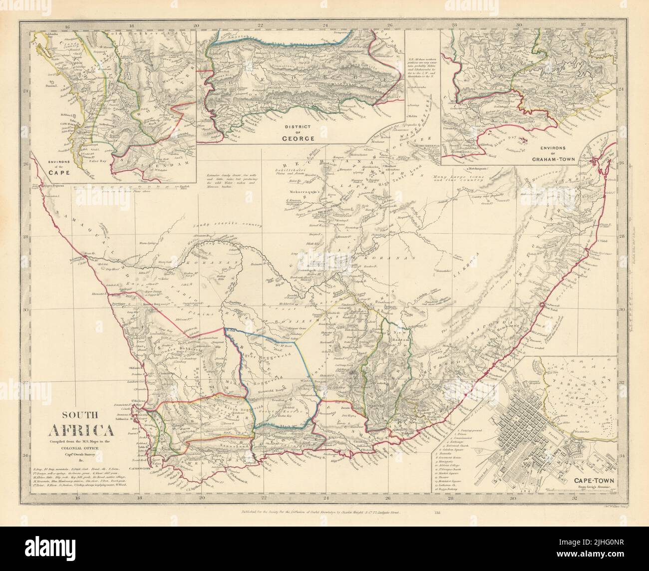 SUDÁFRICA. Plan de Ciudad del Cabo. Graham Town. Distrito de George. Mapa SDUK 1851 Foto de stock