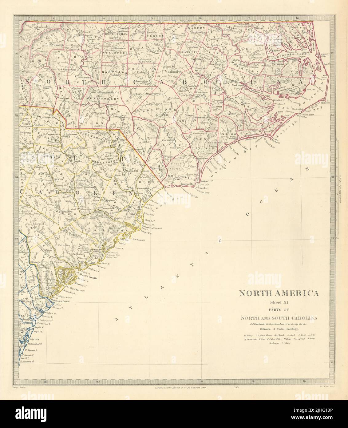 EE.UU. Costa de Carolina del Norte y del Sur. Charleston. Cabo Hatteras. Mapa SDUK 1851 Foto de stock