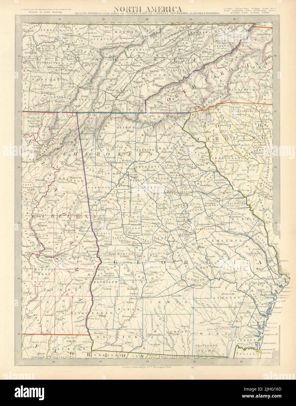 EE.UU. Alabama Georgia Tennessee. Montañas Apalaches. Mapa antiguo de SDUK 1851 Foto de stock