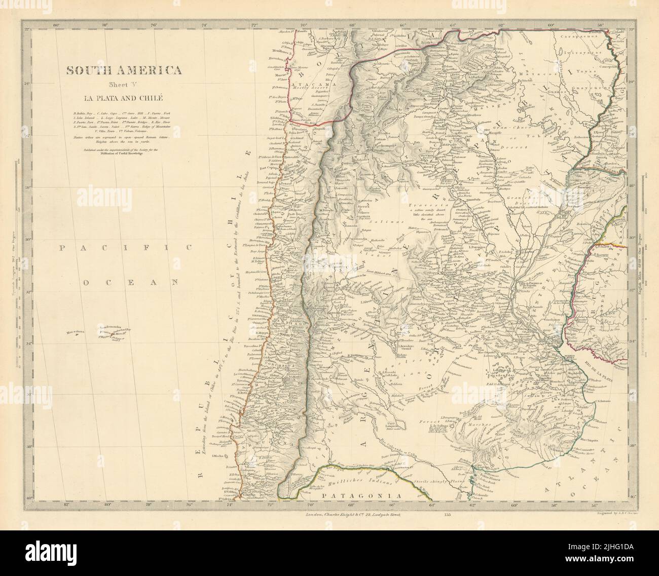 AMÉRICA DEL SUR. La Plata y Chilé. Chile Argentina Uruguay Bolivia. Mapa SDUK 1851 Foto de stock