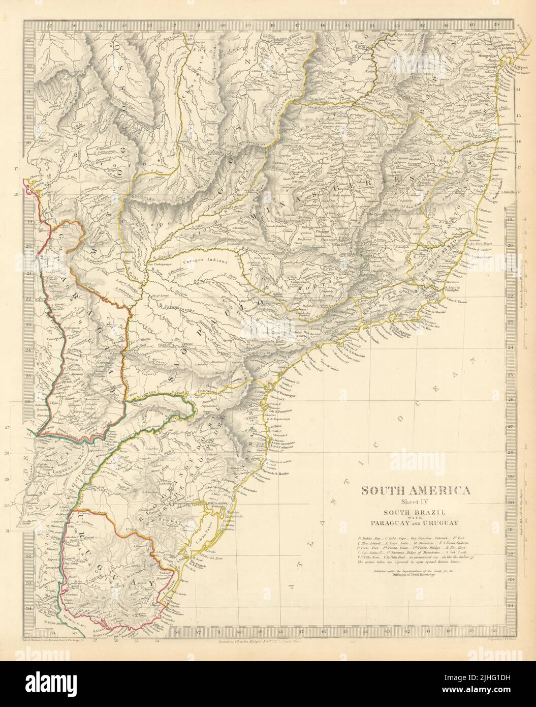 BRASIL SUR PARAGUAY URUGUAY. Bahía Minas Gerais Sao Paolo. Mapa antiguo de SDUK 1851 Foto de stock