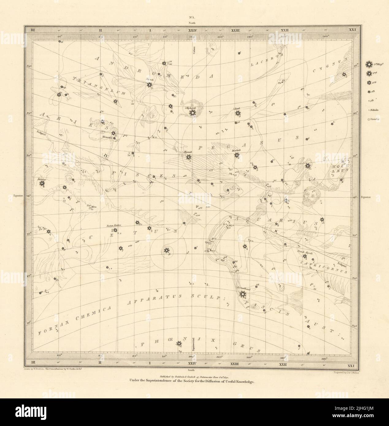 ASTRONOMÍA CELESTIAL. Mapa de estrellas. Carta estelar, I. Equinoccio de Vernal. SDUK 1830 Foto de stock
