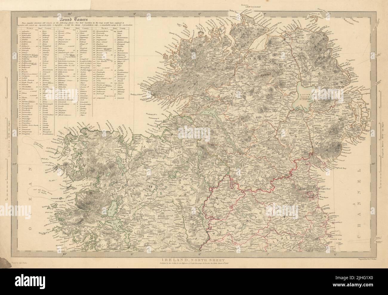 IRELAND.North Hoja.Lista de torres redondas Cloigtheach Cloigthithe.SDUK 1844 mapa Foto de stock