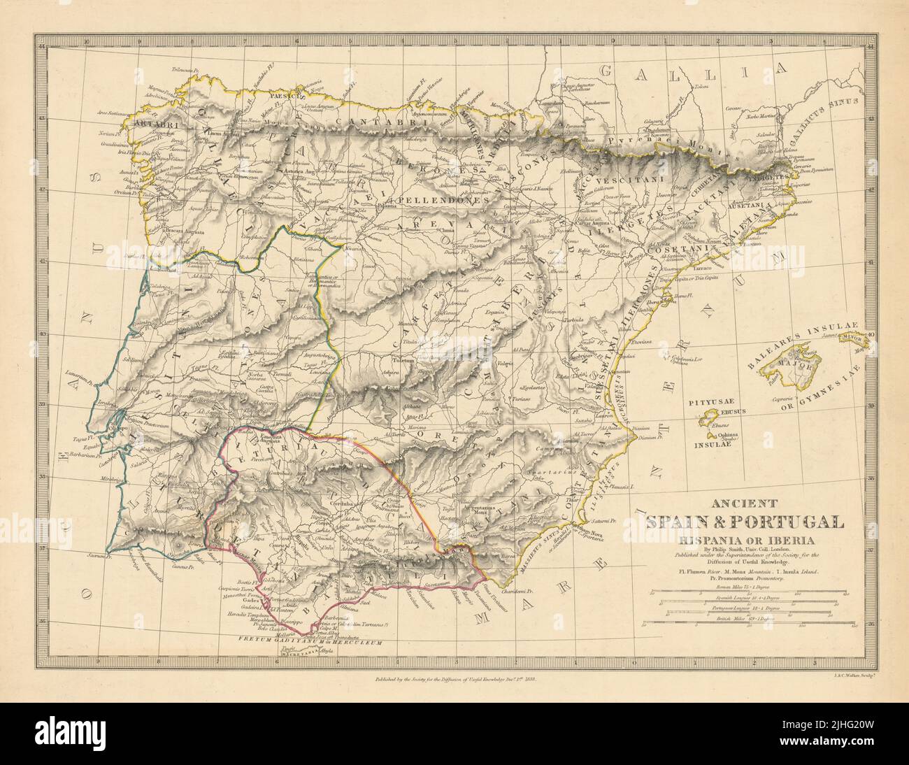 HISPANIA IBERIA. Antigua España y Portugal. Nombres y caminos romanos. Mapa SDUK 1848 Foto de stock