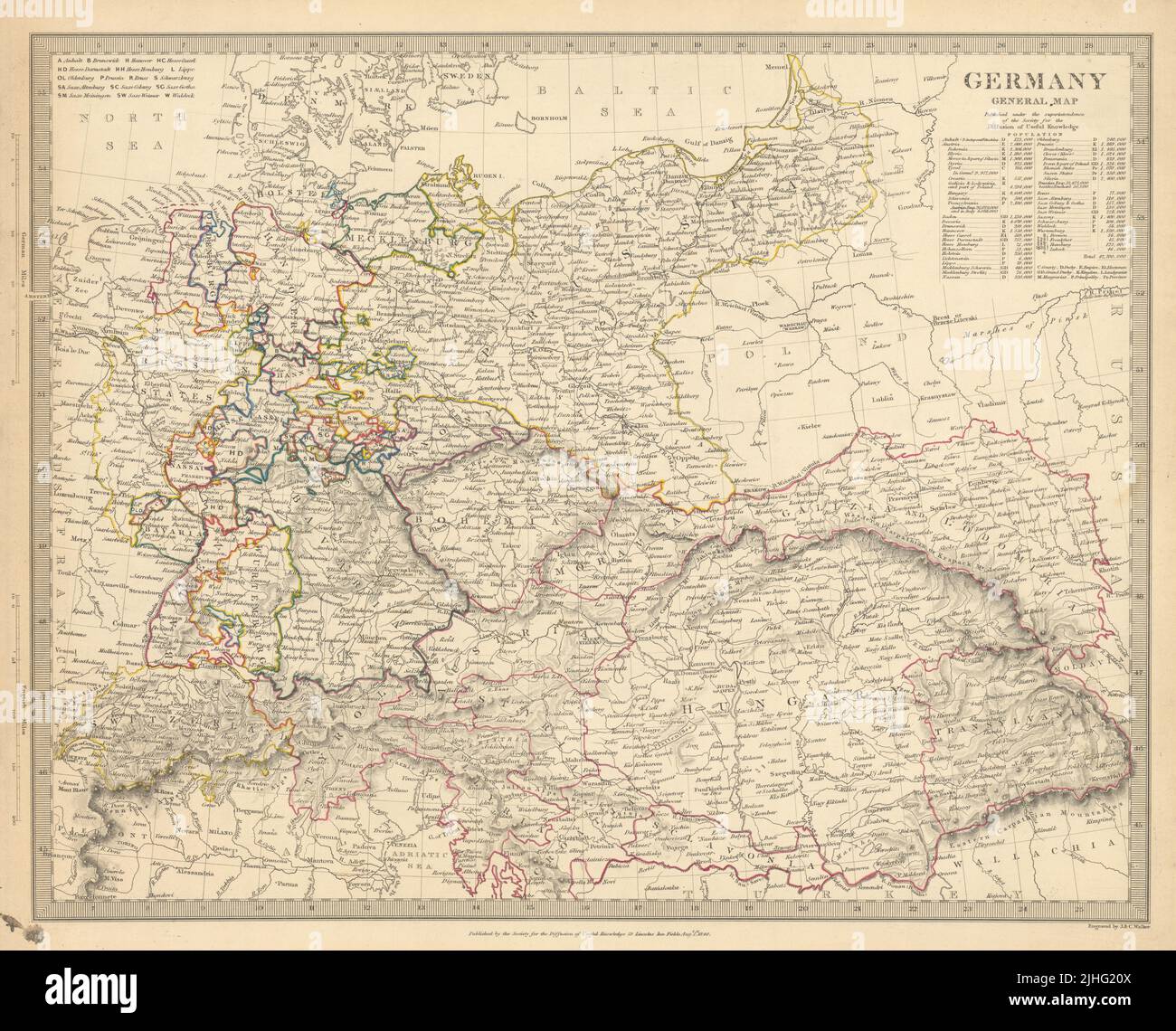 ALEMANIA. Mapa general. Hungría. Tabla de población. SDUK 1844 antiguo Foto de stock