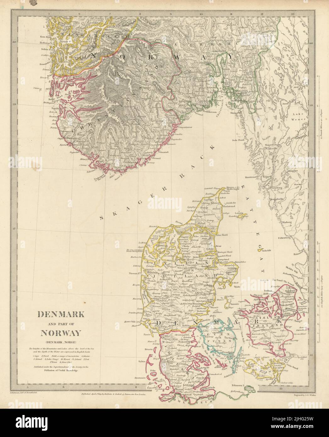 ESCANDINAVIA. Dinamarca y Noruega meridional (Norge) . SDUK 1844 antiguo mapa antiguo Foto de stock