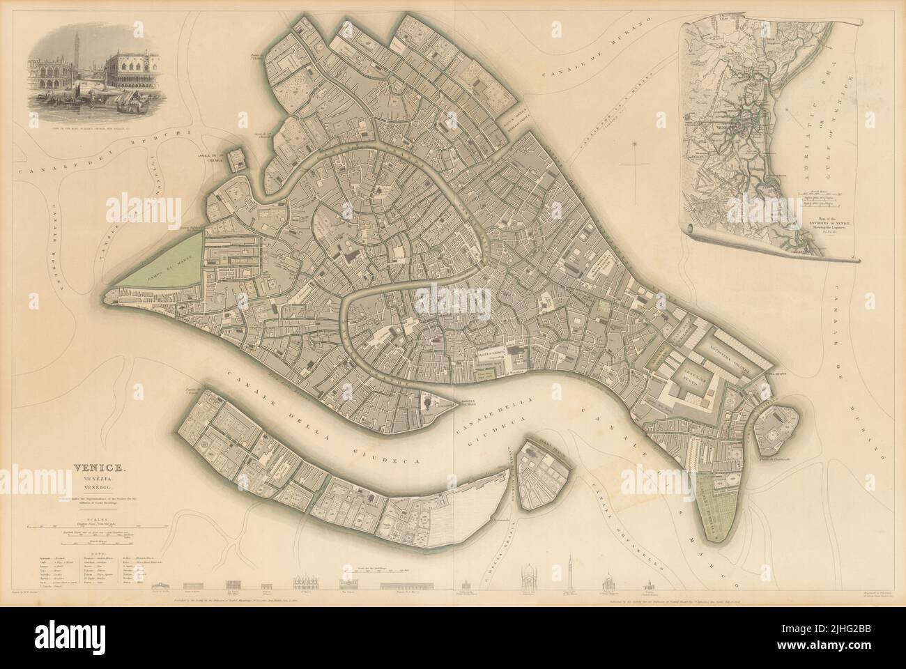 Venecia VENECIA VENEDIG. Mapa de la ciudad de antiguo plan. A sus alrededores. Grande. SDUK 1844 Foto de stock
