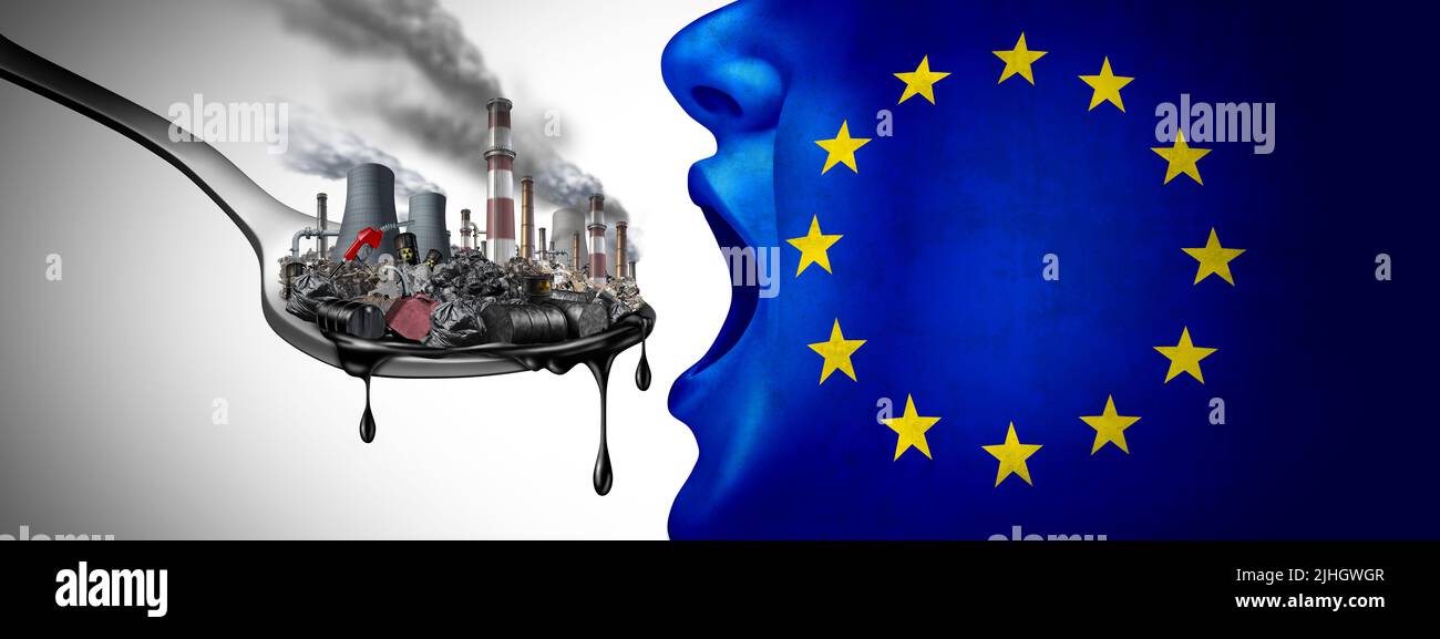 Unión Europea Contaminación y contaminación Concepto de la UE con combustibles fósiles y residuos tóxicos industriales como bandera de Europa que come petróleo. Foto de stock