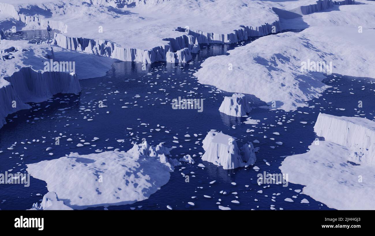 mar helado ártico con témpanos de hielo y icebergs, vista aérea Foto de stock