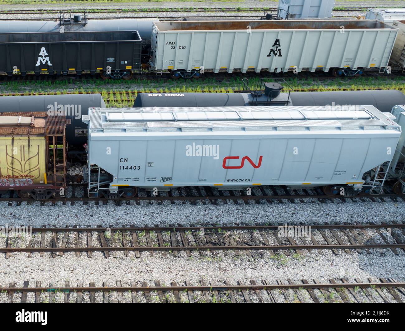 Un nuevo CN Rail (Canadian National Railway) vagón de la tolva tren se ve mientras está estacionario en un gran corral durante el día. Foto de stock