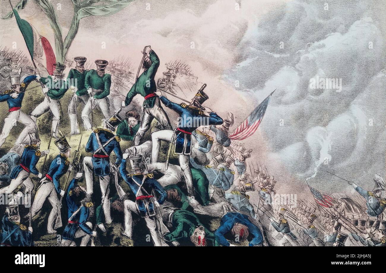 Batalla de Cerro Gordo, también conocida como Batalla de Sierra Gordo, 18 de abril de 1847. Luchada durante la Guerra México-Americana, 1846 - 1848. Después de una obra publicada por Nathaniel Currier, 1847. Foto de stock