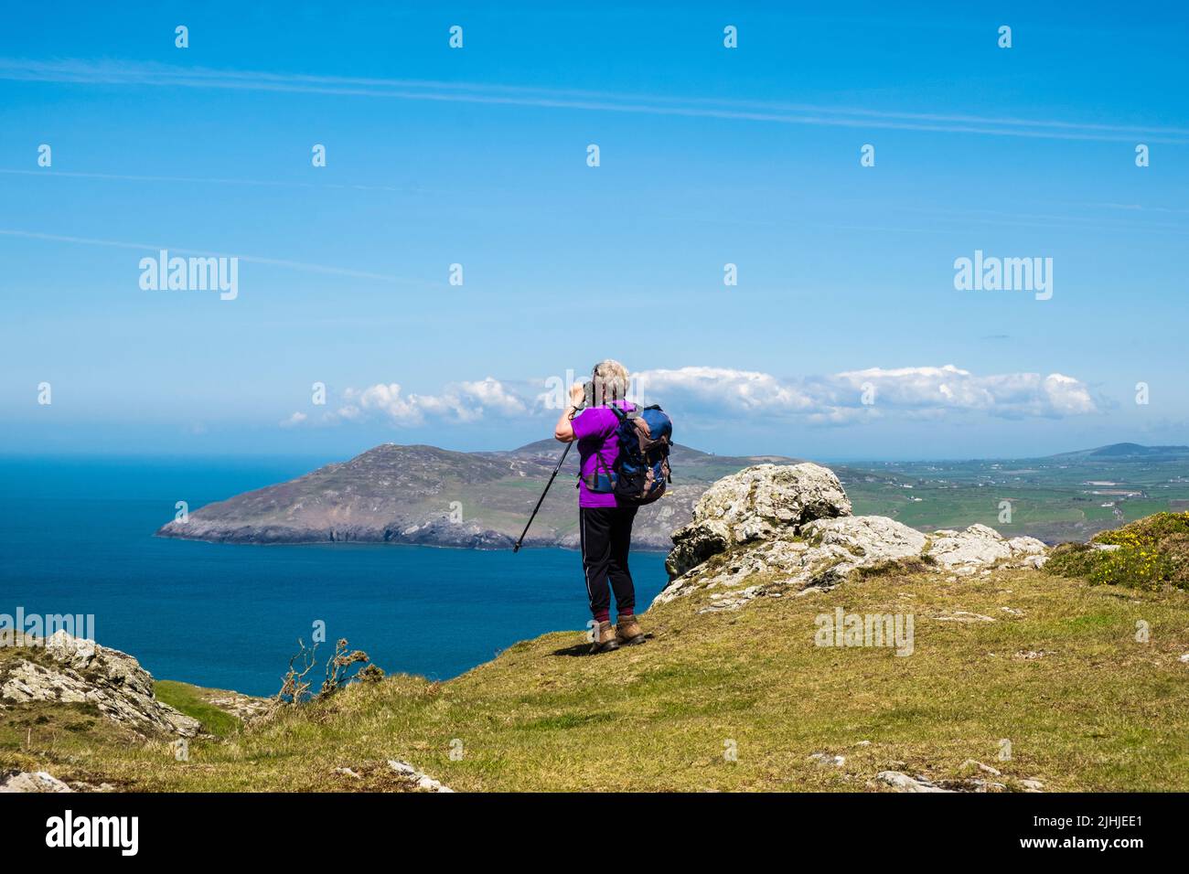 Birdwatcher usando bimoculars en Ynys Enlli o la isla de Bardsey, península de Llyn, Gwynedd, Gales del norte, Reino Unido, Gran Bretaña, Europa Foto de stock