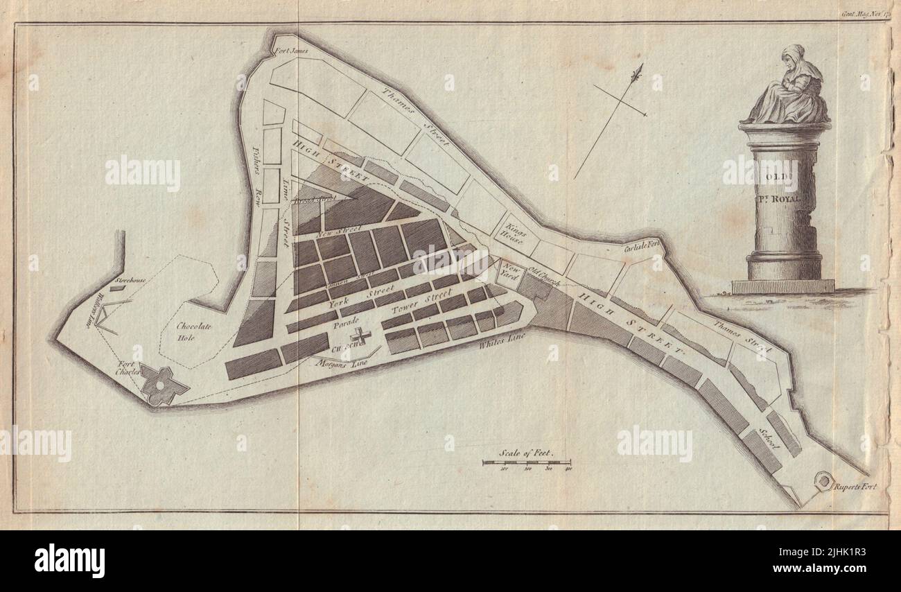 Plan de la Ciudad de Old Port Royal, en la Isla de Jamaica. MAPA GENTS MAG 1785 Foto de stock