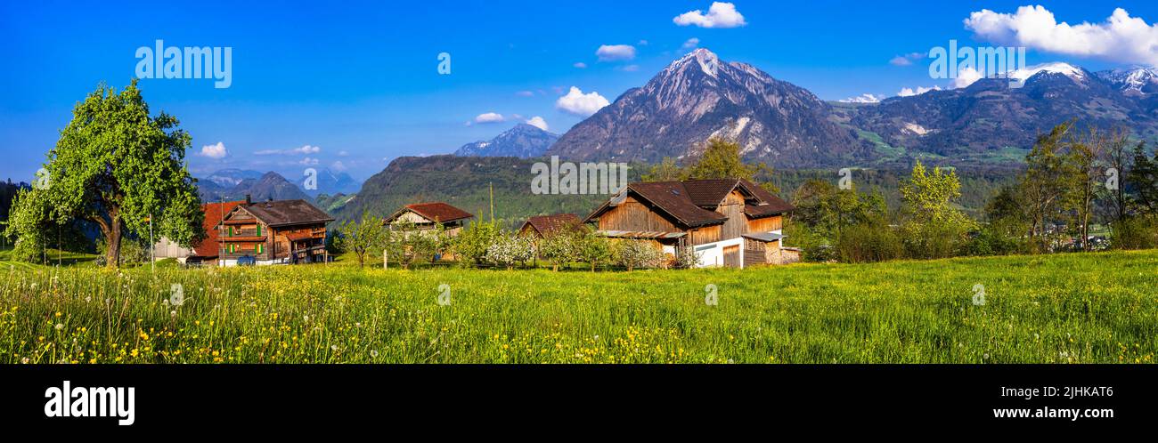 Paisaje natural de Suiza - típico pueblo tradicional con prados verdes y casas de madera cerca de Lucerna y lae con impresionantes vistas de Pilatus Foto de stock