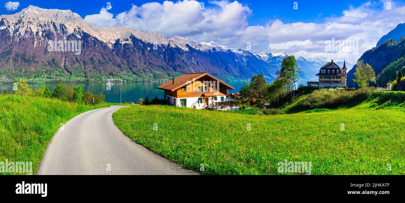 Idílico paisaje natural suizo - prados verdes rodeados de montañas de los Alpes. Pintoresco lago Brienz, pueblo de Iseltwald Foto de stock