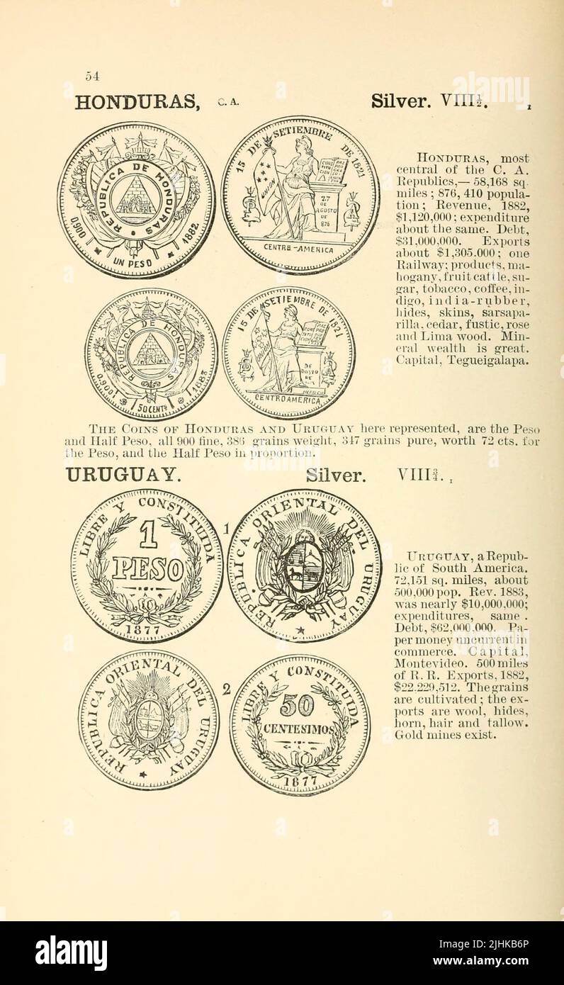 Monedas de Honduras y Uruguay del libro Enciclopedia ilustrada de monedas de oro y plata del mundo; ilustrando lo moderno, antiguo, actual y curioso, desde el año 1885 d.C. hasta el año 700 d.C. por Andrew Madsen Smith, fecha de publicación 1886 Foto de stock