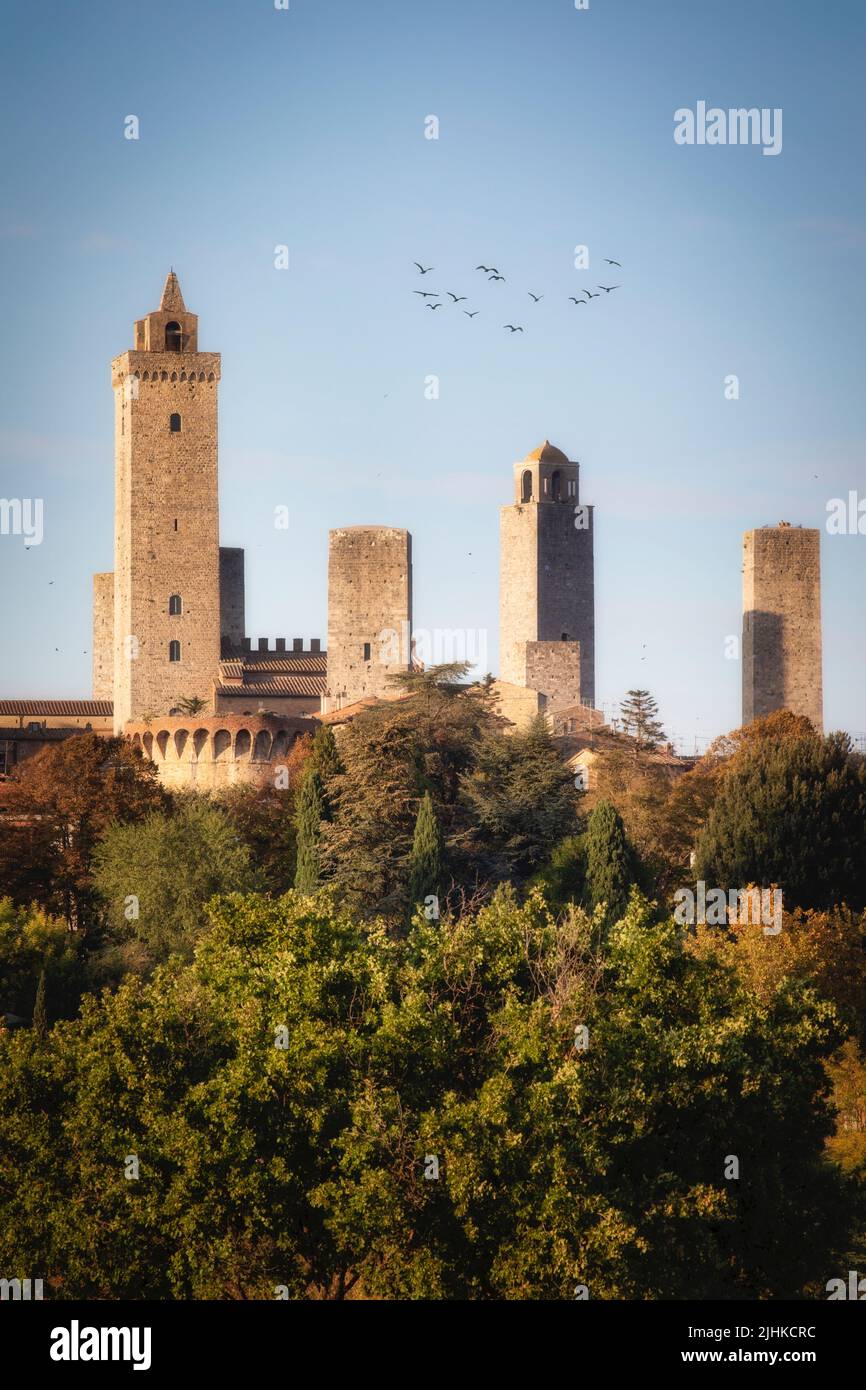 Un número de las 65 torres originales de San Gimignano, Italia todavía se mantienen en pie. Foto de stock