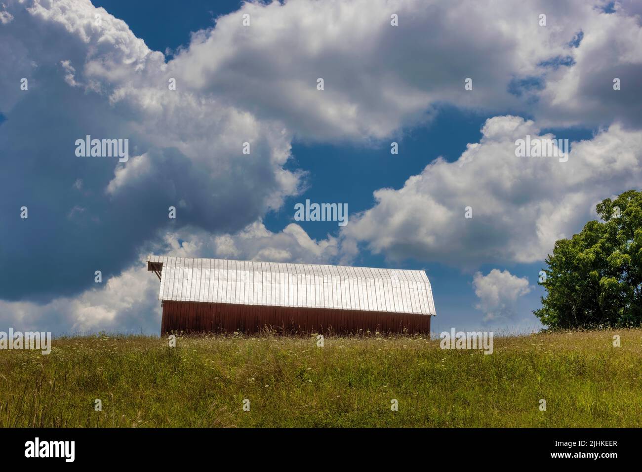 Granero en la cima de una colina bajo cielos nublados en el paisaje agrícola en Tennessee rural Foto de stock