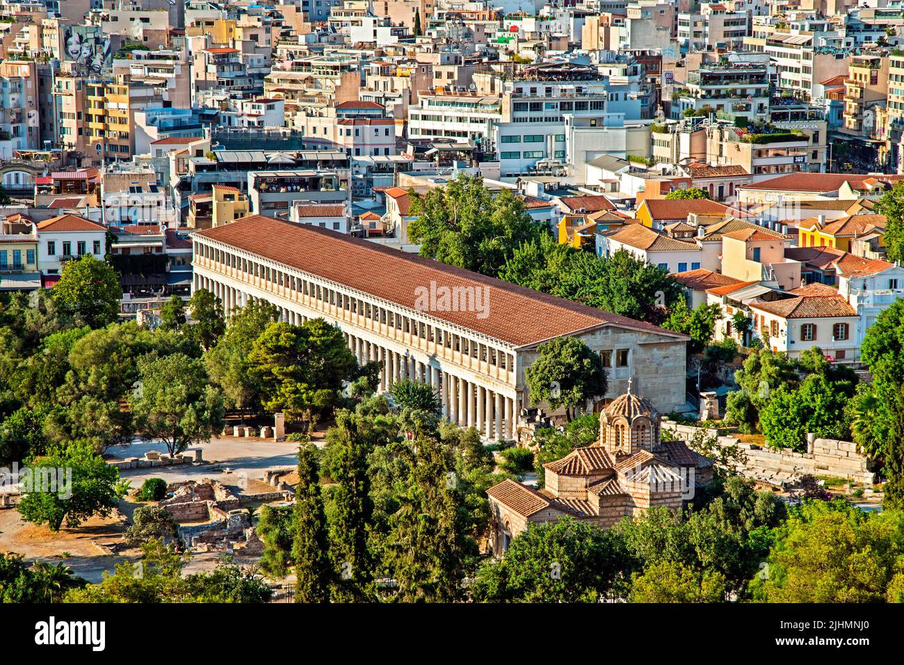 Vista panorámica, parcial del antiguo Ágora de Atenas, Grecia. Foto de stock