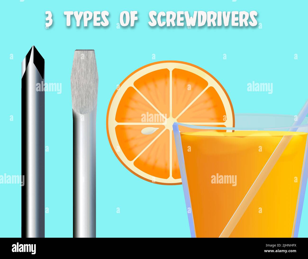 Se muestran tres tipos de destornilladores, uno de los cuales es la bebida de vodka con zumo de naranja. Esta es una ilustración 3-d. Foto de stock