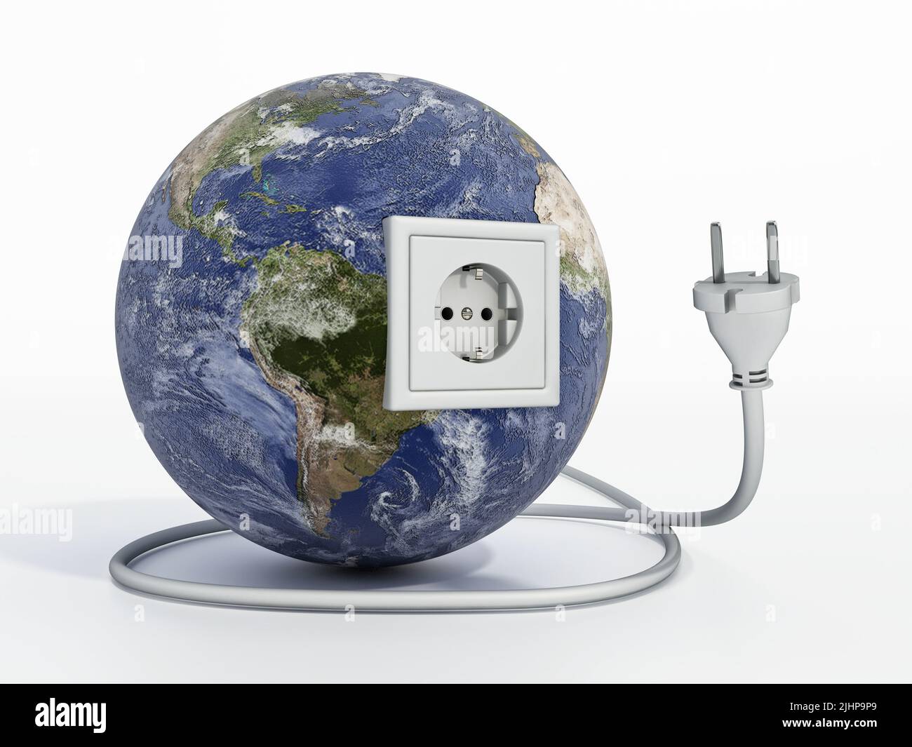 Tierra con toma de corriente y enchufe. Ilustración 3D. Foto de stock