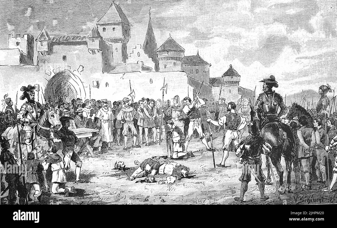 Guerra de los Campesinos Alemanes, 1524-1526, la Corte de Sangre en Schorndorf, histórica, digital mejora la reproducción de un original del siglo 19th Foto de stock