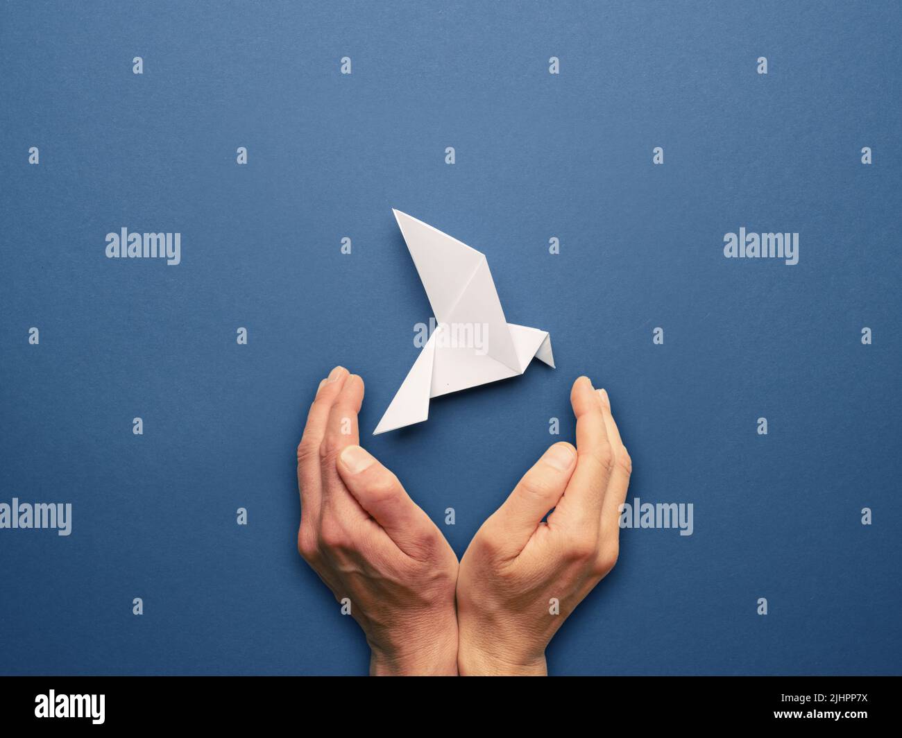 Las manos protegen una paloma de la paz de origami sobre un fondo de papel  azul, el concepto de libertad Fotografía de stock - Alamy