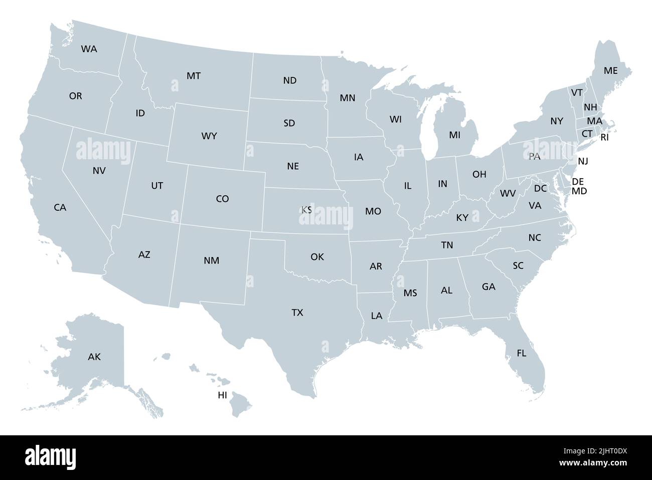 Estados Unidos de América, mapa político gris. Cincuenta estados únicos con sus propios territorios geográficos y fronteras, unidos en una unión. Foto de stock