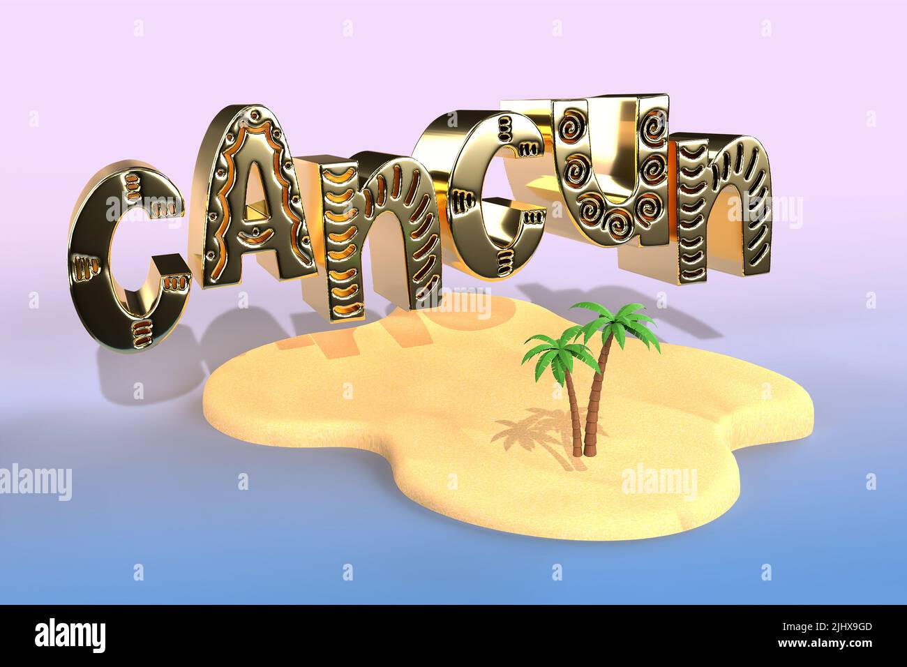 Cancún México 3D Renderizar con isla tropical y palmeras. Foto de stock