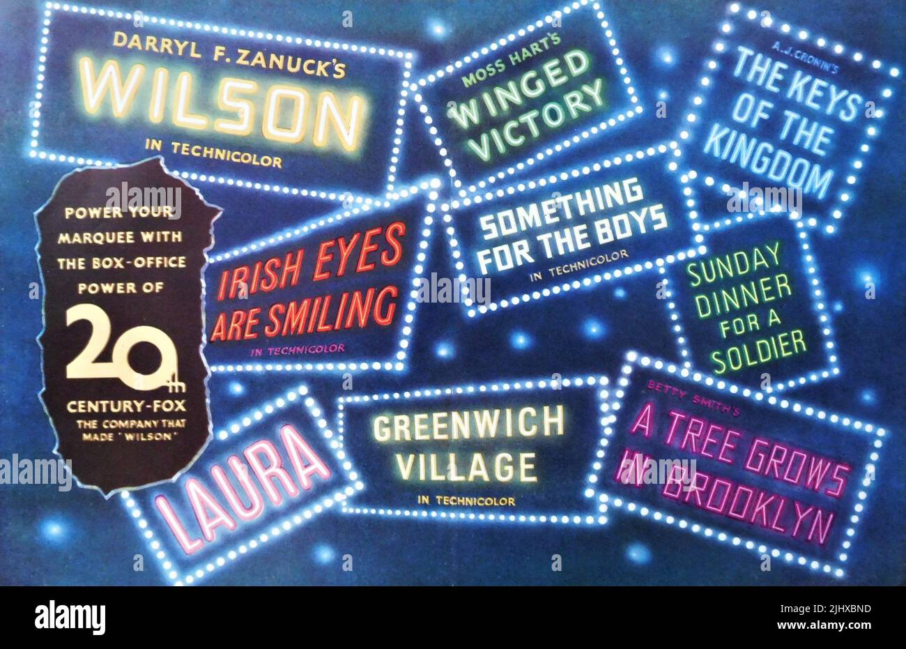 Anuncio de Comercio Británico para las próximas atracciones de 20th Century Fox para 1944 con WILSON, VICTORIA ALADA, LAS LLAVES DEL REINO, OJOS IRLANDESES ESTÁN SONRIENDO, ALGO PARA LOS CHICOS, LA CENA DEL DOMINGO PARA UN SOLDADO, LAURA GREENWICH PUEBLO y UN ÁRBOL CRECE EN BROOKLYN Foto de stock