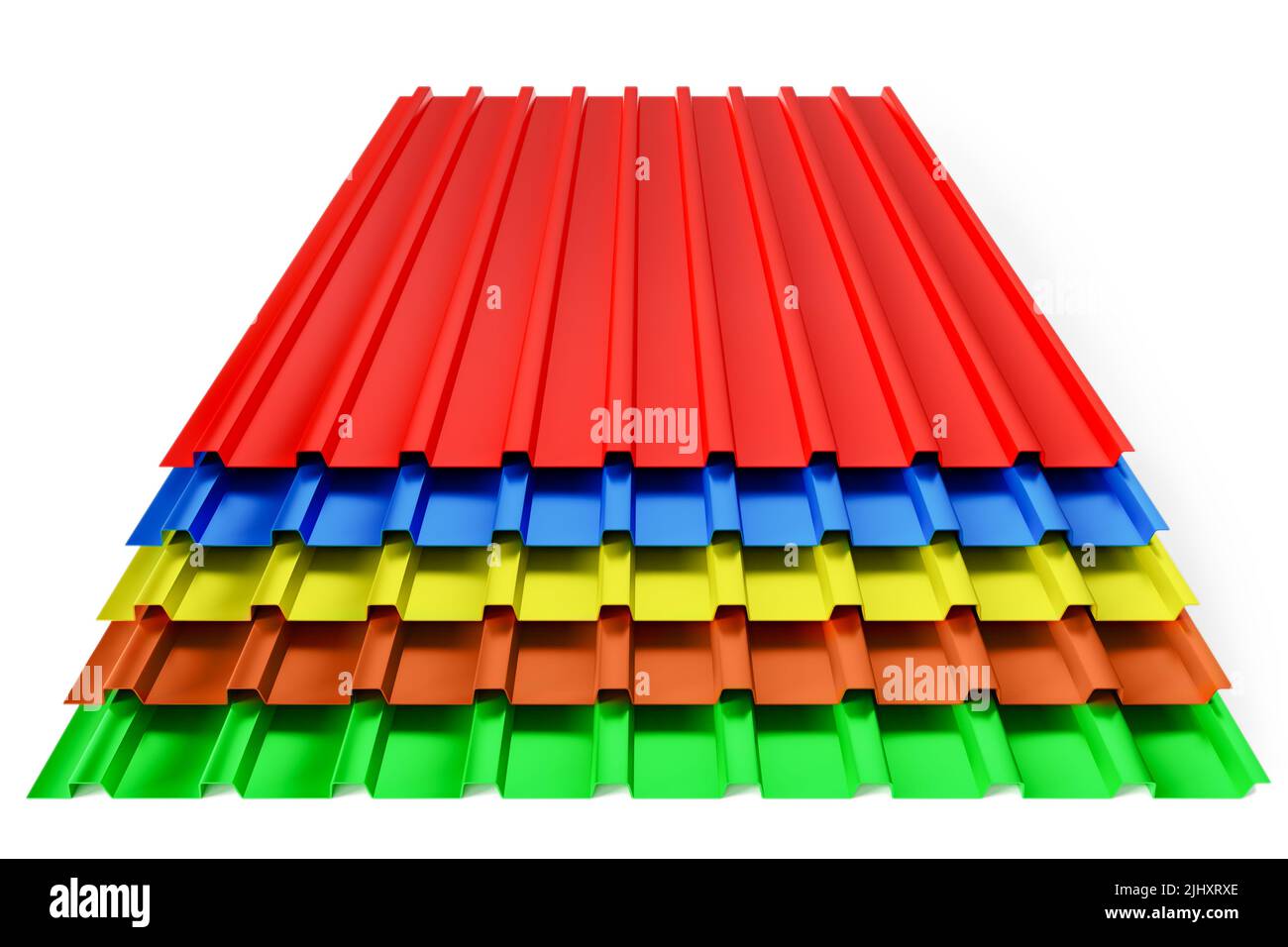 Pila de láminas de perfil de hierro corrugado pre-pintadas para techos de diferentes colores - ilustración 3D Foto de stock