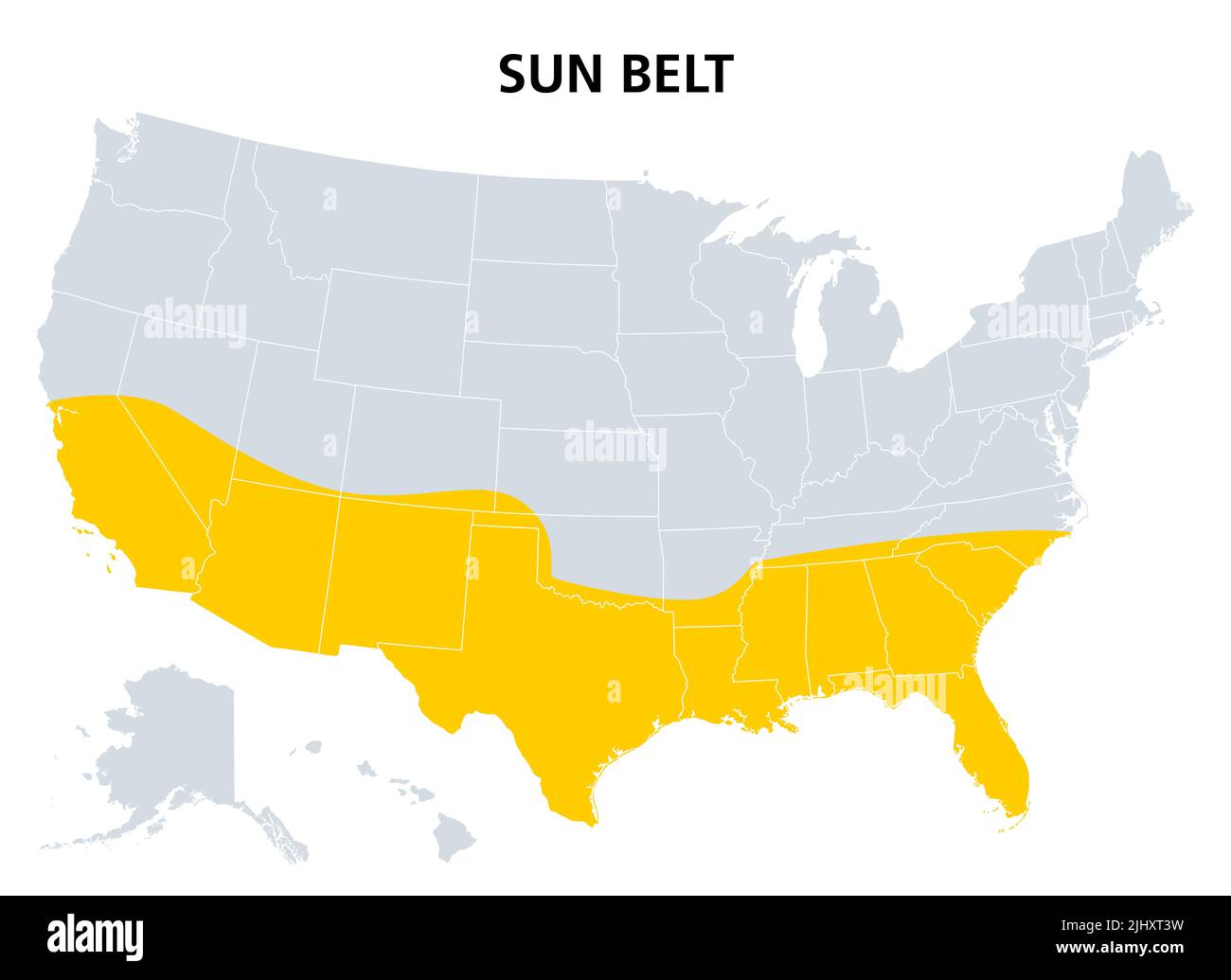 Cinturón del Sol de los Estados Unidos, mapa político. Región con clima desértico, subtropical y tropical, que comprende los estados más australes. Foto de stock