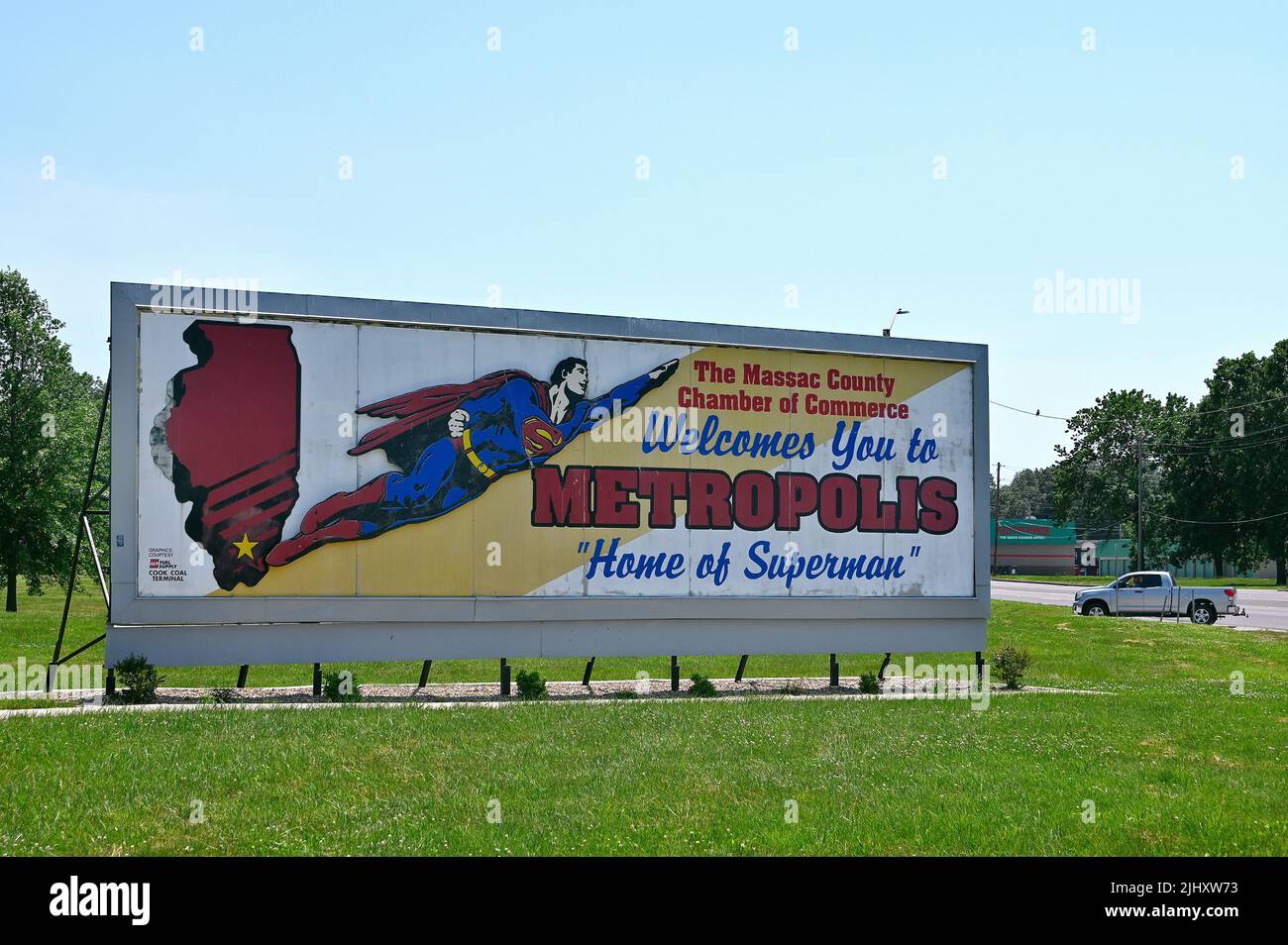 Signo de bienvenida en la casa de Superman, Metropolis, Illinois, Estados Unidos de América Foto de stock